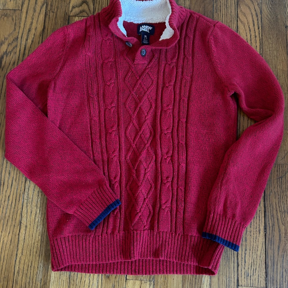 Lands' End Big Boys Red Cable Knit Crewneck Sweater